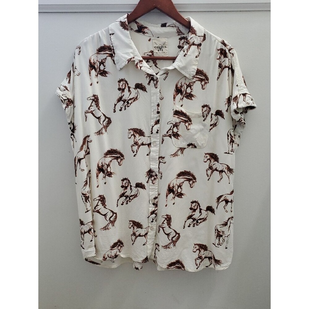 Cotton & Rye White Short-Sleeve Button-Down with Brown Horse Print Size XXL